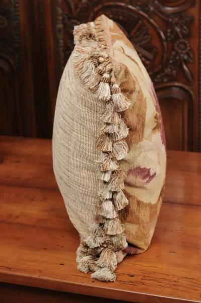  Royal Manufacture of Aubusson French 19th Century Aubusson Woven Tapestry Pillow with Roses D cor and Tassels