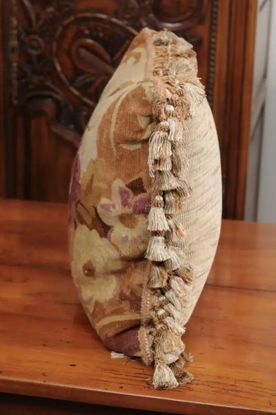  Royal Manufacture of Aubusson French 19th Century Aubusson Woven Tapestry Pillow with Roses D cor and Tassels