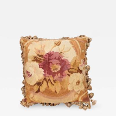  Royal Manufacture of Aubusson French 19th Century Aubusson Woven Tapestry Pillow with Roses D cor and Tassels