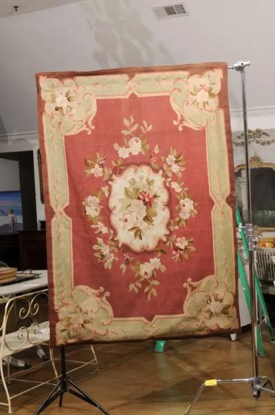  Royal Manufacture of Aubusson French 19th Century Red and Soft Green Aubusson Tapestry with Floral D cor