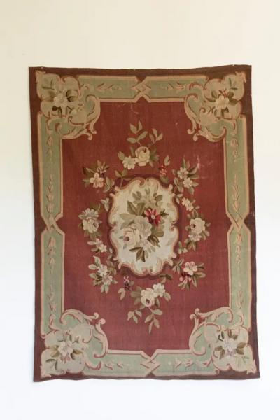  Royal Manufacture of Aubusson French 19th Century Red and Soft Green Aubusson Tapestry with Floral D cor