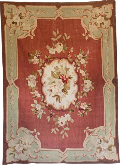  Royal Manufacture of Aubusson French 19th Century Red and Soft Green Aubusson Tapestry with Floral D cor