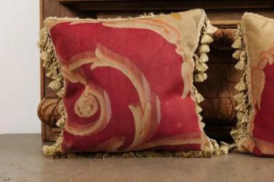  Royal Manufacture of Aubusson Pair of French Pillows Made of 19th Century Aubusson Tapestries with Foliage