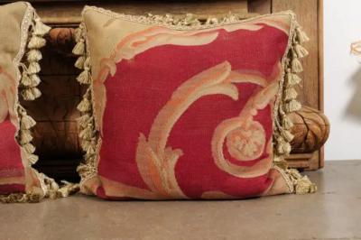  Royal Manufacture of Aubusson Pair of French Pillows Made of 19th Century Aubusson Tapestries with Foliage