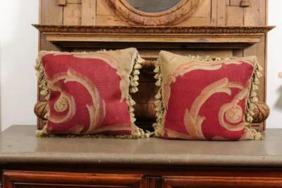  Royal Manufacture of Aubusson Pair of French Pillows Made of 19th Century Aubusson Tapestries with Foliage