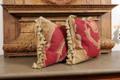  Royal Manufacture of Aubusson Pair of French Pillows Made of 19th Century Aubusson Tapestries with Foliage