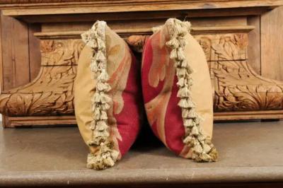  Royal Manufacture of Aubusson Pair of French Pillows Made of 19th Century Aubusson Tapestries with Foliage