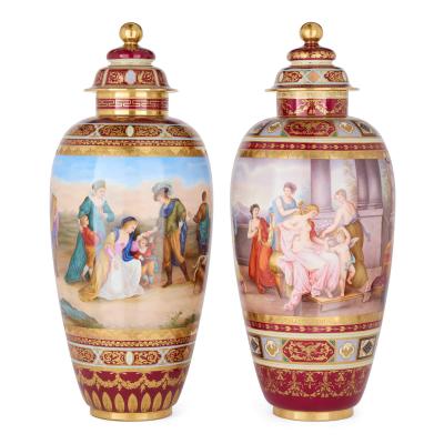  Royal Vienna Porcelain Large near pair of painted porcelain vases by Royal Vienna