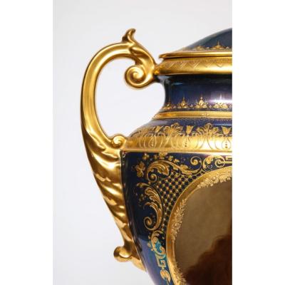  Royal Vienna Porcelain Monumental Royal Vienna Iridescent Porcelain Portrait Vase and Cover circa 1880