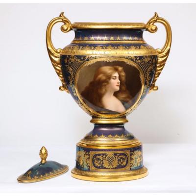  Royal Vienna Porcelain Monumental Royal Vienna Iridescent Porcelain Portrait Vase and Cover circa 1880