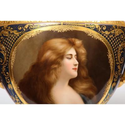 Royal Vienna Porcelain Monumental Royal Vienna Iridescent Porcelain Portrait Vase and Cover circa 1880