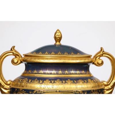  Royal Vienna Porcelain Monumental Royal Vienna Iridescent Porcelain Portrait Vase and Cover circa 1880