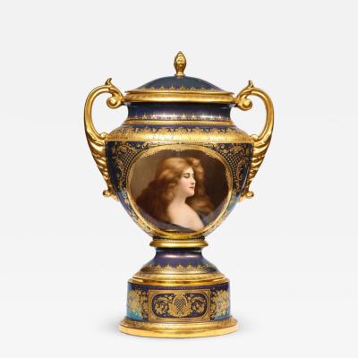  Royal Vienna Porcelain Monumental Royal Vienna Iridescent Porcelain Portrait Vase and Cover circa 1880