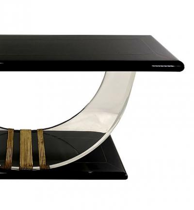  Rudolph Collection American Modern Black Lacquer Lucite Brass Banded Console Rudolph Collection