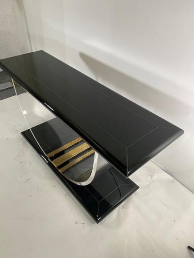  Rudolph Collection American Modern Black Lacquer Lucite Brass Banded Console Rudolph Collection