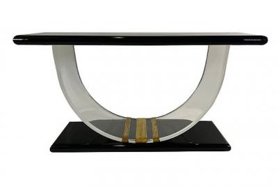  Rudolph Collection American Modern Black Lacquer Lucite Brass Banded Console Rudolph Collection