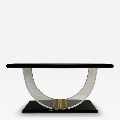  Rudolph Collection American Modern Black Lacquer Lucite Brass Banded Console Rudolph Collection