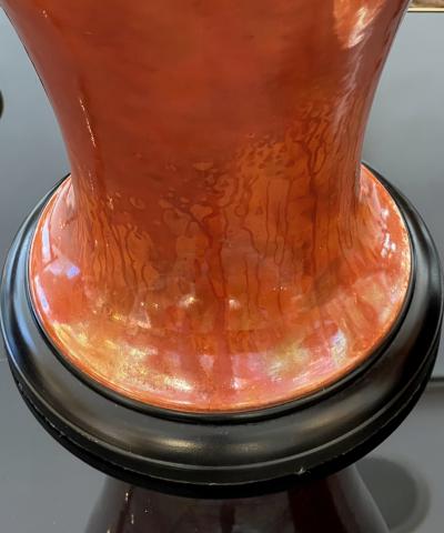 Ruskin Pottery Pair of English Ruskin Pottery Iridescent Orange glazed Vases now as Lamps
