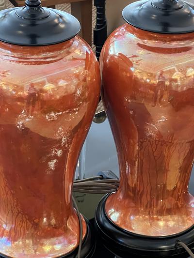  Ruskin Pottery Pair of English Ruskin Pottery Iridescent Orange glazed Vases now as Lamps