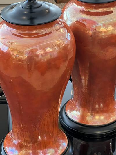  Ruskin Pottery Pair of English Ruskin Pottery Iridescent Orange glazed Vases now as Lamps
