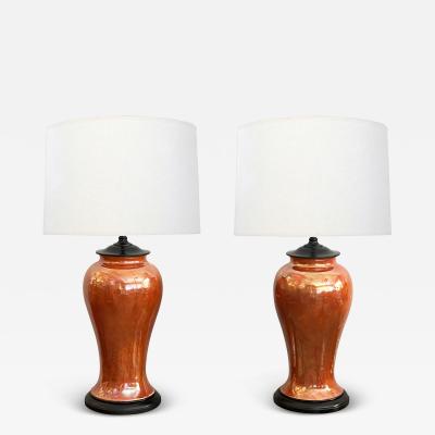  Ruskin Pottery Pair of English Ruskin Pottery Iridescent Orange glazed Vases now as Lamps