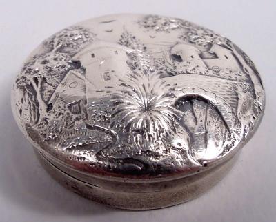  S Kirk Son Inc Antique Kirk Baltimore Sterling Silver Pillbox with Pastoral Scene