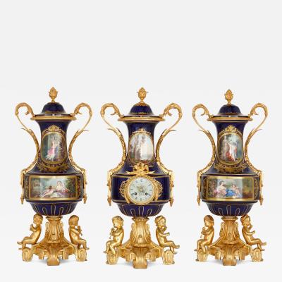  S vres Porcelain Manufactory Antique Rococo style porcelain and gilt bronze clock garniture