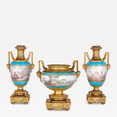  S vres Porcelain Manufactory Ormolu and S vres style porcelain three piece garniture suite