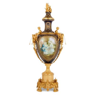  S vres Porcelain Manufactory Set of three large S vres style porcelain vases with gilt bronze pedestals