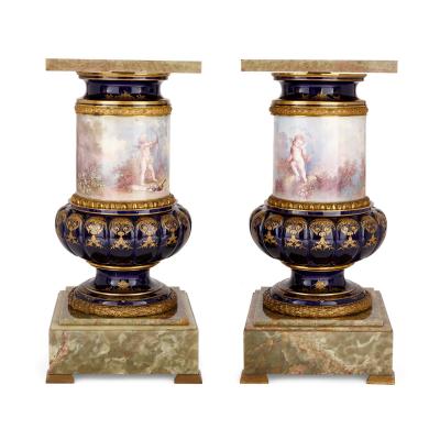  S vres Porcelain Manufacture Nationale de S vres Pair of large S vres style pedestals in porcelain ormolu and green onyx