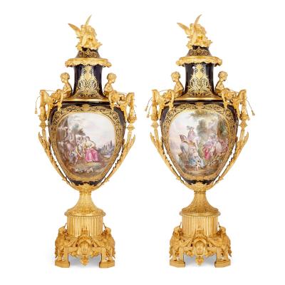  S vres Porcelain Manufacture Nationale de S vres Pair of large gilt bronze mounted S vres style porcelain vases with pedestals
