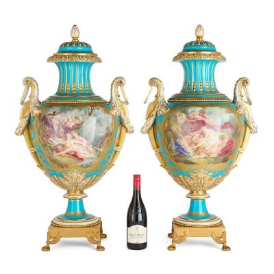  S vres Porcelain Manufacture Nationale de S vres Pair of porcelain and ormolu lidded vases in the S vres style