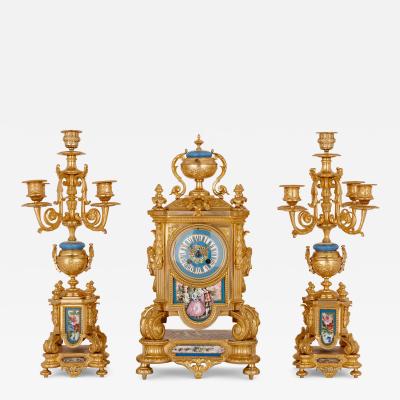  S vres Porcelain Manufacture Nationale de S vres S vres style porcelain and gilt bronze three piece clock set