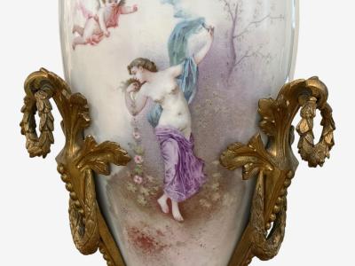  S vres Porcelain Manufacture Nationale de S vres Sevres Style Porcelain Bronze Urn with Allegory Scene of Nude Woman 1930s