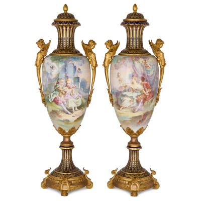  S vres Porcelain Manufacture Nationale de S vres Very large pair of antique S vres style porcelain and ormolu vases