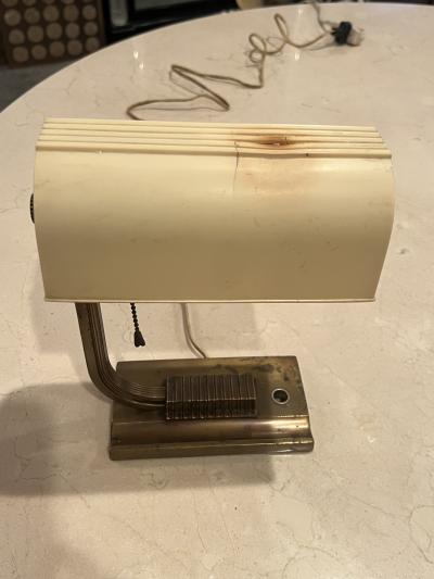 SHEAFFERS MODERNIST ART DECO BRASS AND EARLY PLASTIC SHADE DESK LAMP