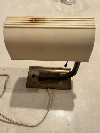  SHEAFFERS MODERNIST ART DECO BRASS AND EARLY PLASTIC SHADE DESK LAMP