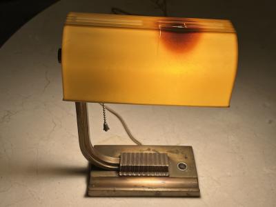  SHEAFFERS MODERNIST ART DECO BRASS AND EARLY PLASTIC SHADE DESK LAMP