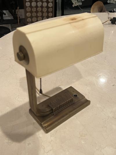  SHEAFFERS MODERNIST ART DECO BRASS AND EARLY PLASTIC SHADE DESK LAMP