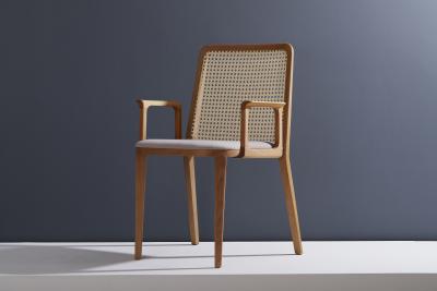  SIMONINI Minimal Style Solid Wood Chair Textile Seating Caning Backboard with Arms