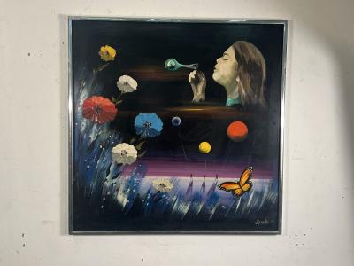  STANECK MOD PAINTING OF LOVE CHILD BLOWING A BUBBLE FLOWERS BALLOONS BUTTERFLY