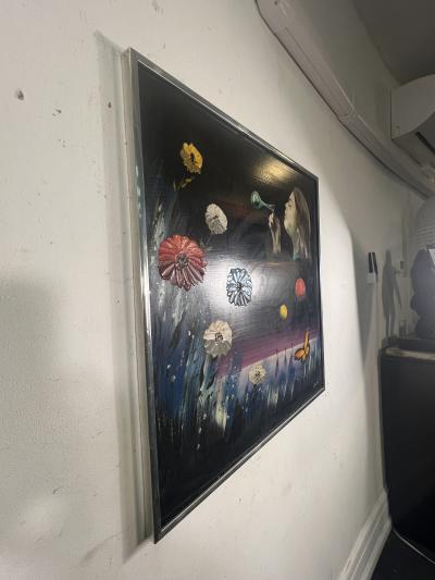  STANECK MOD PAINTING OF LOVE CHILD BLOWING A BUBBLE FLOWERS BALLOONS BUTTERFLY