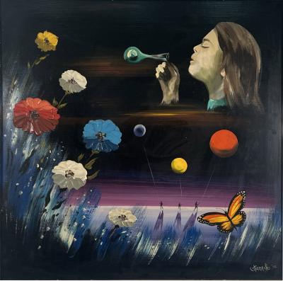  STANECK MOD PAINTING OF LOVE CHILD BLOWING A BUBBLE FLOWERS BALLOONS BUTTERFLY