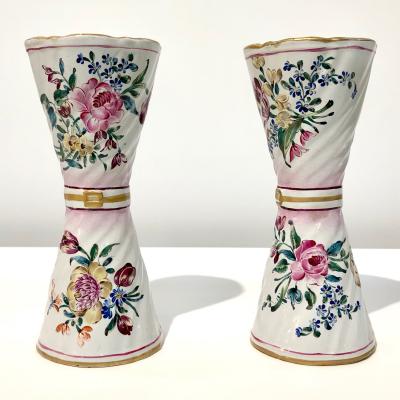  Saint Cl ment 1870s St Clement French Faience Majolica Pair of White Pink Flower Vases