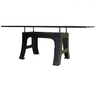  Saint Gobain French Midcentury Iron Dining Table with Cantilevered Glass Top by Saint Gobain