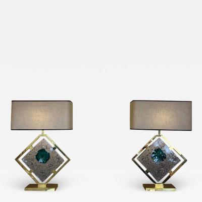  Salviati Late 20th Century Pair of Brass and Transparent Green Murano Glass Table Lamps