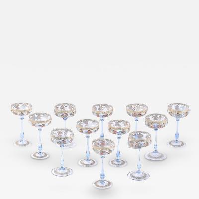  Salviati Set of 12 Hand Blown Painted Murano Art Glass Champagne Saucers by Salviati