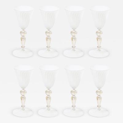  Salviati Set of 8 Antique Hand Blown Latticino Murano Wine Glasses W 24K Gold by Salviati