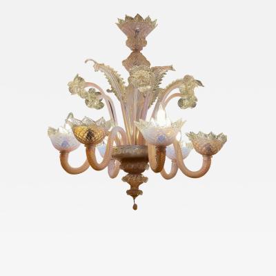  Salviati Vintage Murano Italian Art Glass Pink Gold Chandelier