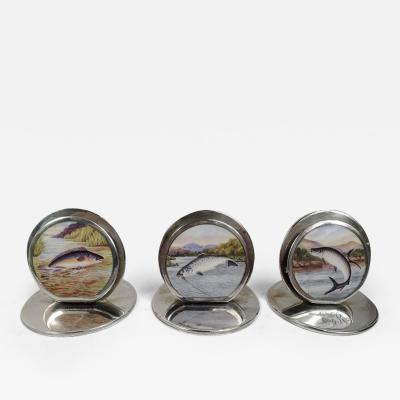  Sampson Mordan Co Set of 3 English Sterling Silver Enamel Fish Place Card Holders